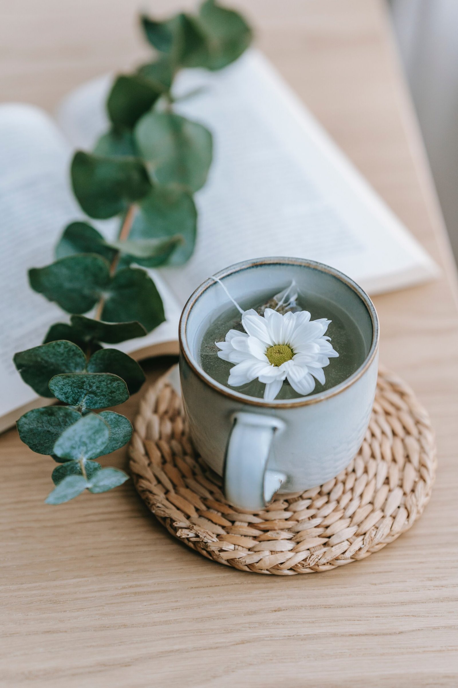 A white teacup filled with green tea, adorned with a white daisy, resting on a woven placemat with a branch of leaves beside it. An open book can be seen in the background on a wooden tabletop.